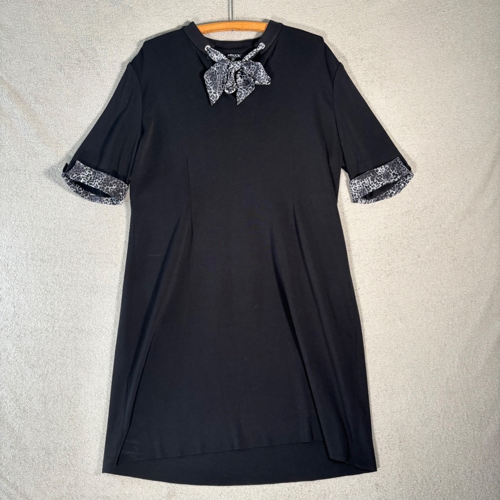 Misook Black Sheath Dress Size XL Animal Print Bow‎ Short Sleeve Chic Minimalist